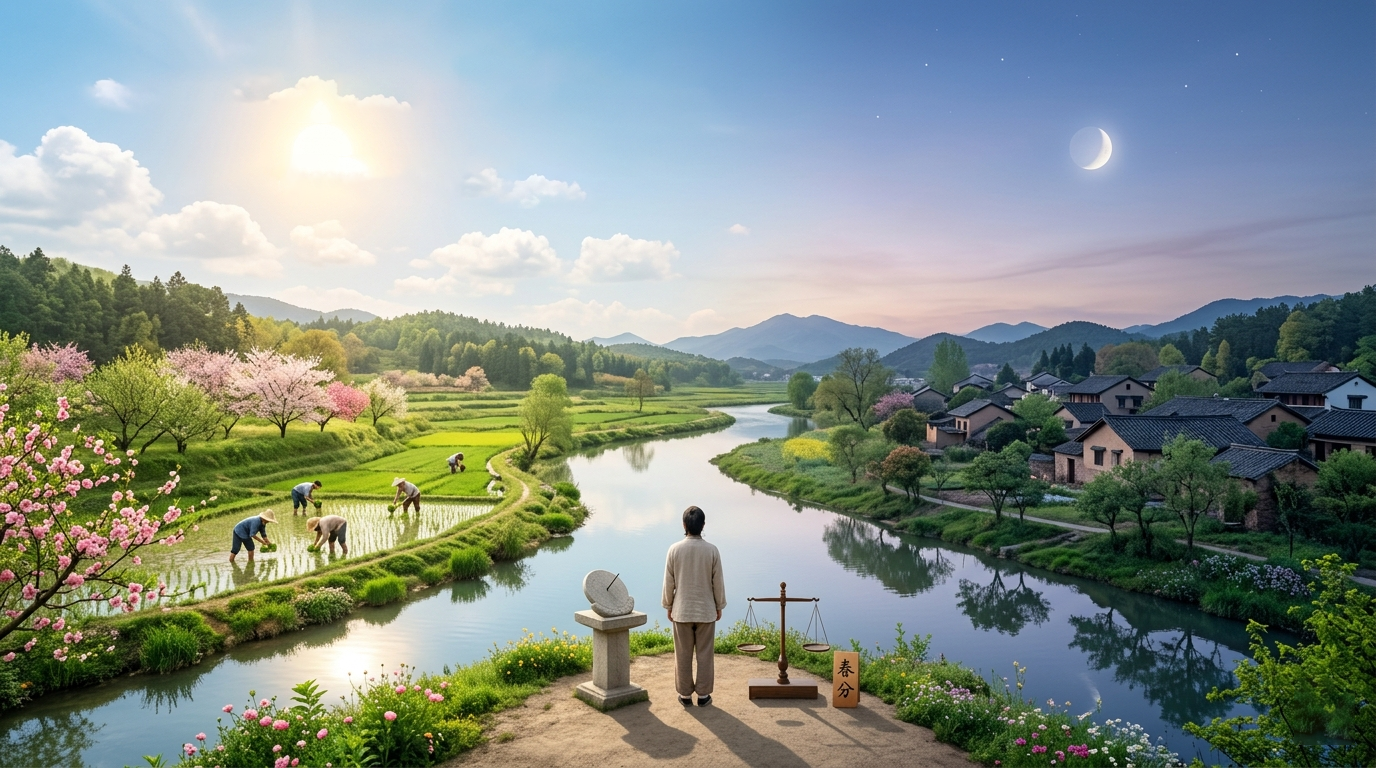 Spring Equinox philosophical balance concept showing yin-yang harmony, balance scales, and traditional Chinese elements symbolizing moderation and equilibrium